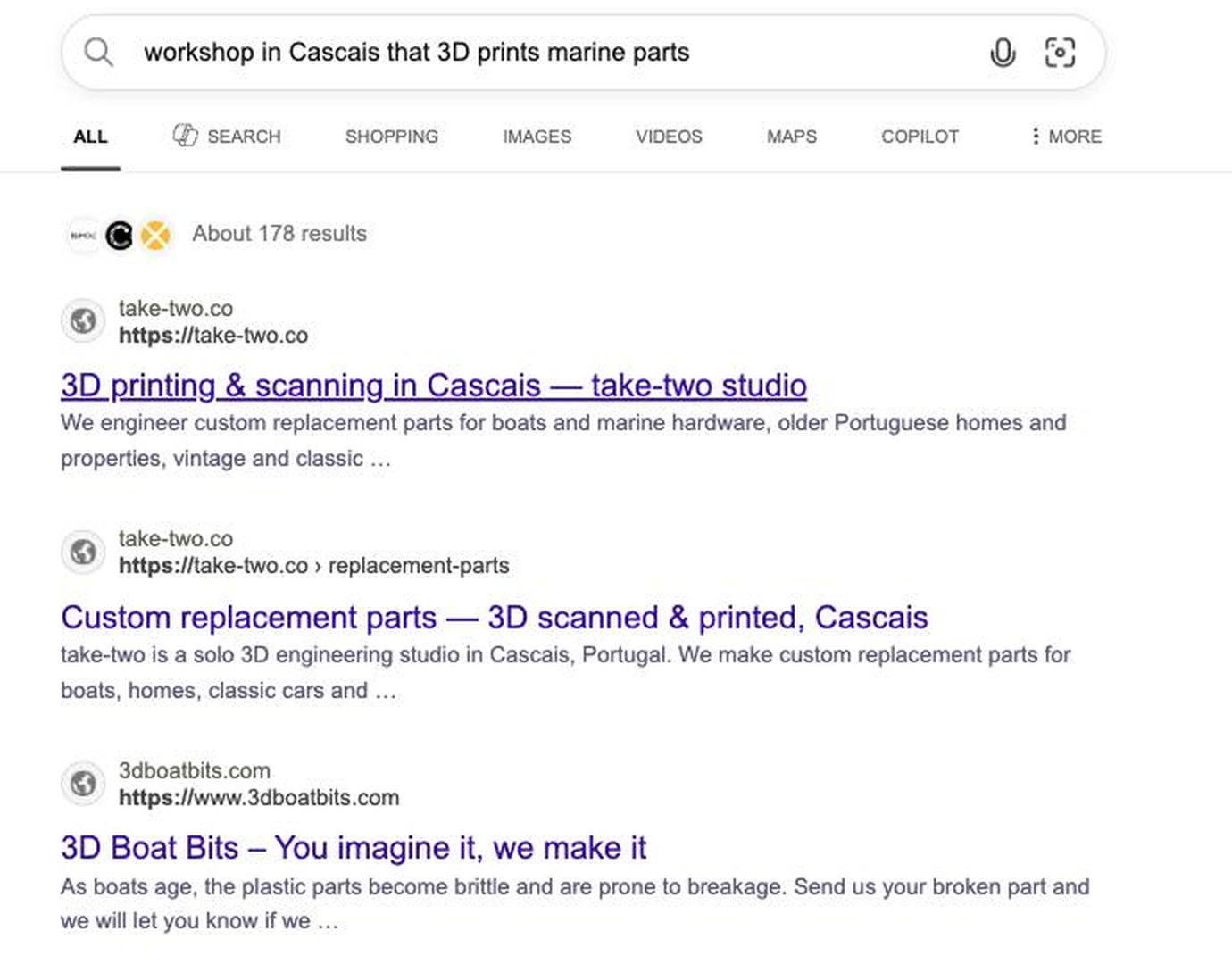 Bing search results for "workshop in Cascais that 3D prints marine parts", signed out. take-two.co is the first organic result, take-two.co/replacement-parts/ is the second, and 3dboatbits.com is the third.